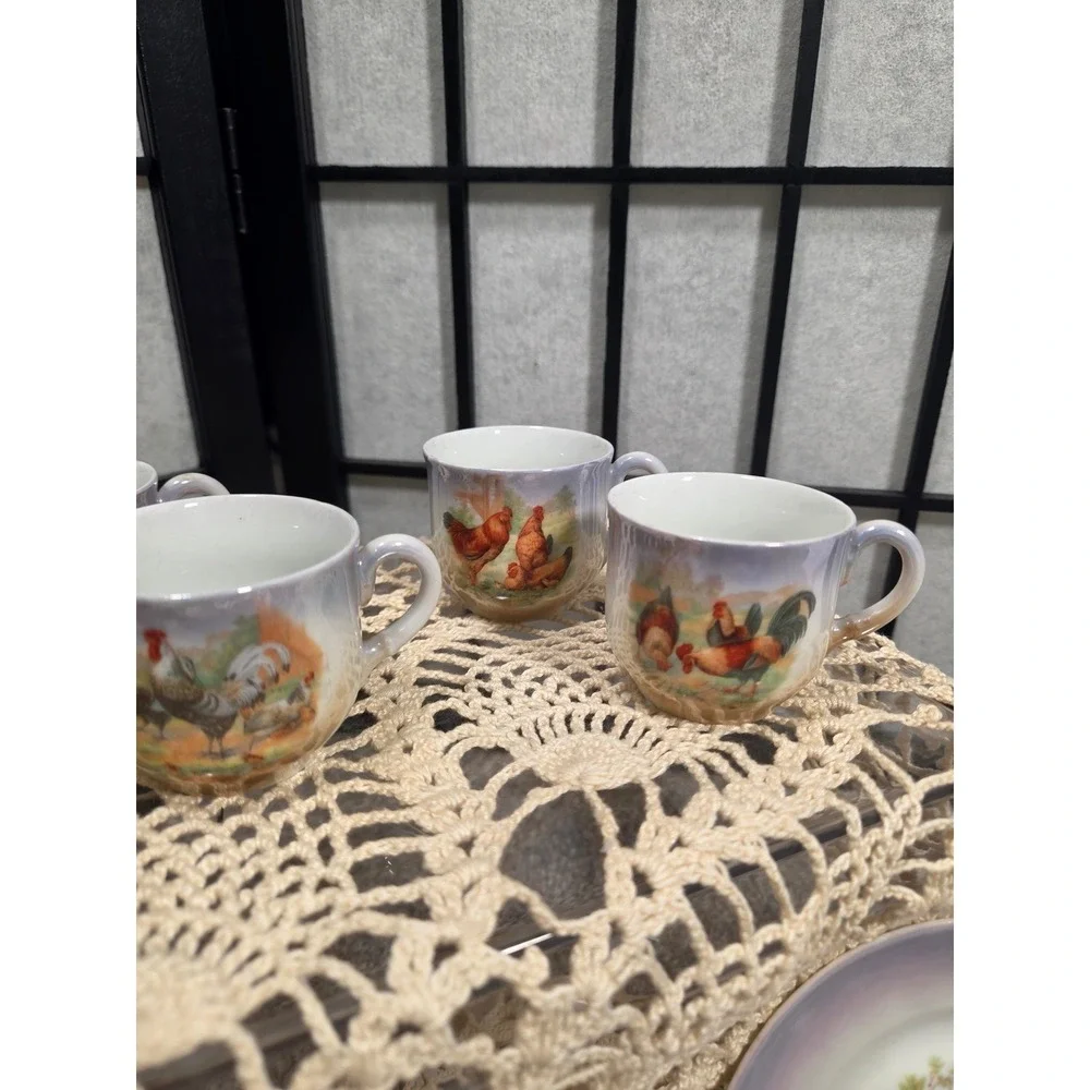 Vintage Germany 282 Lusterware Rooster Tea Set Miniature Sugar Bowl Cups Plates